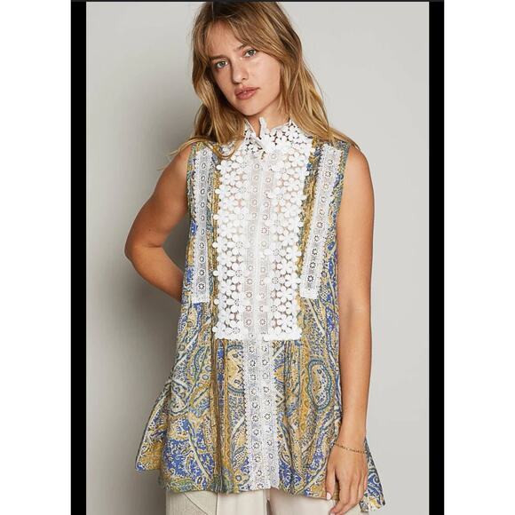 POL Lace Detail Frill Floral V-Neck Mock Neck Sleeveless Top Large Boho Flower - Picture 1 of 13